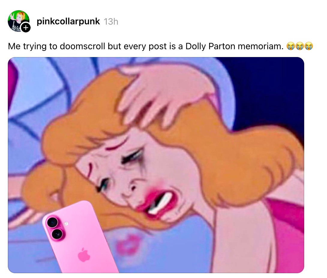 Illustration of a distressed woman holding a phone with captions about Dolly Parton posts