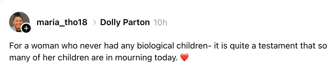 Comment by user noting that many are mourning Dolly Parton despite her not having biological children
