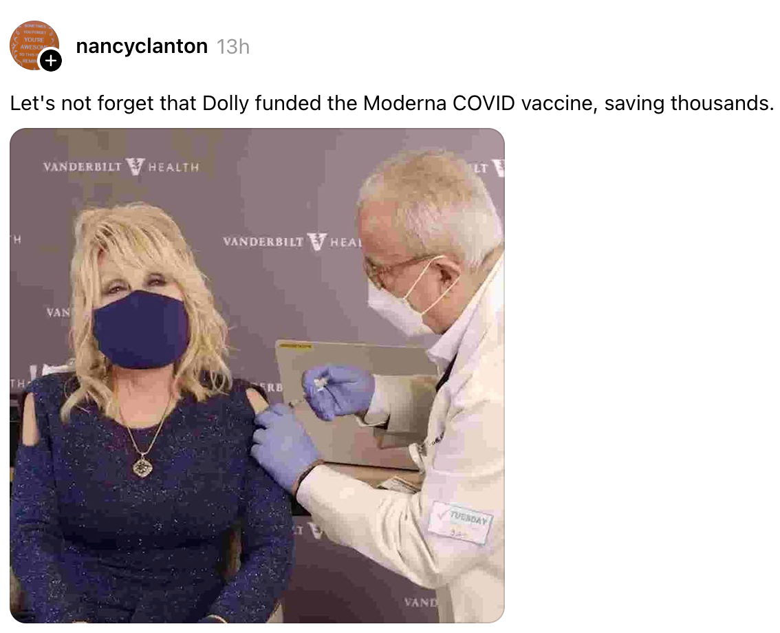 Person receiving a COVID vaccine shot from a healthcare professional. Accompanying text highlights funding contribution for the Moderna vaccine