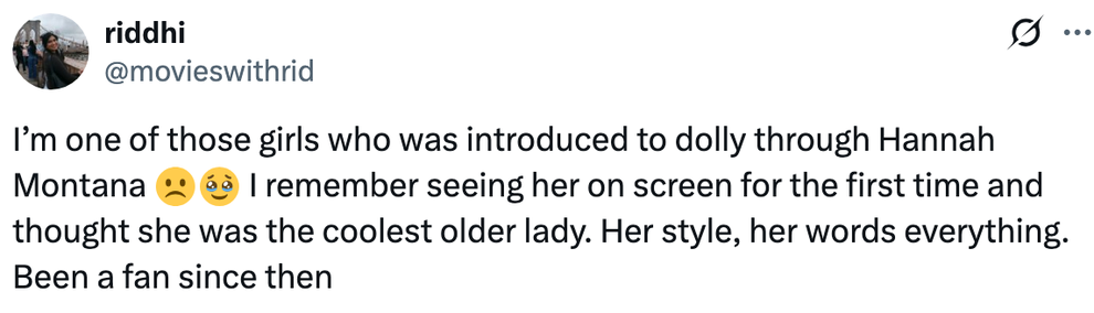 Tweet about being introduced to Dolly Parton through Hannah Montana, and admiring her style and work
