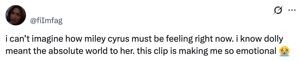 Screenshot of a tweet expressing empathy for Miley Cyrus and emotional impact of a clip involving Dolly Parton