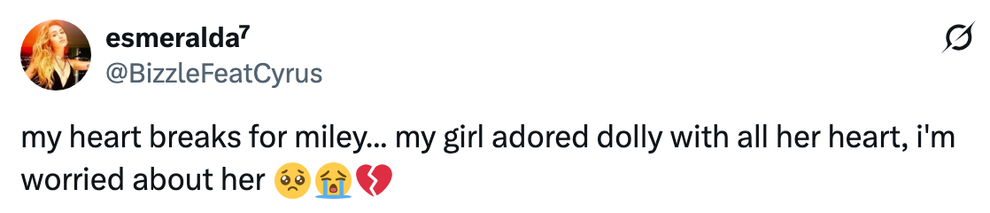 Tweet expressing concern for Miley due to her feelings for Dolly, accompanied by crying and broken heart emojis