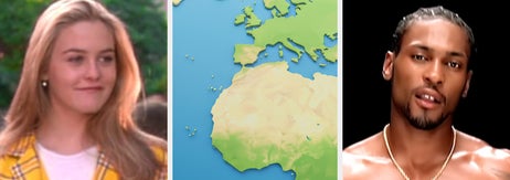 A divided image showing a person in a preppy outfit, a map of Europe and Africa, and someone shirtless with a necklace. Text: Film, Geography, Music