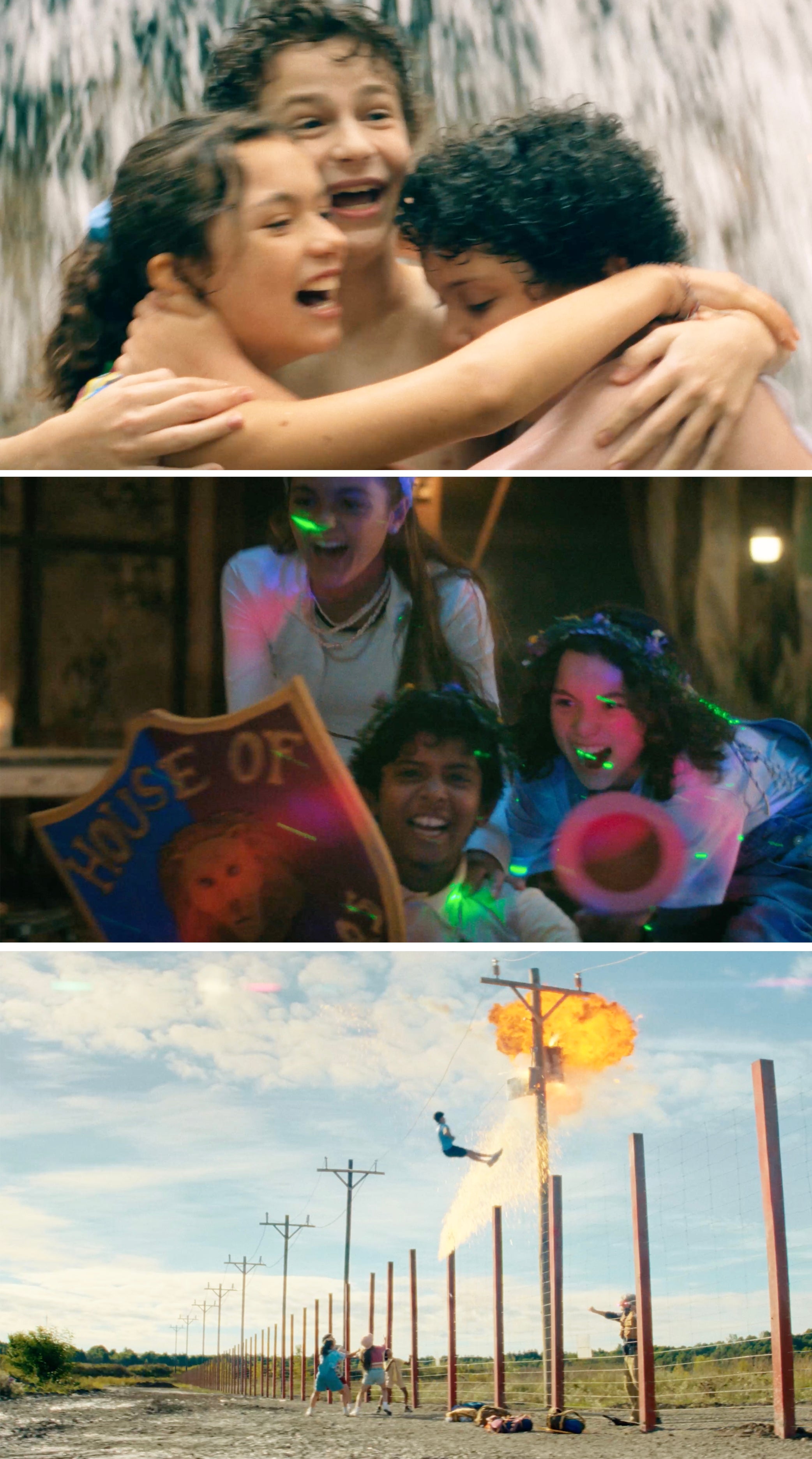 Children having fun in various adventurous scenes, including a waterfall, a game, and an outdoor activity involving explosions