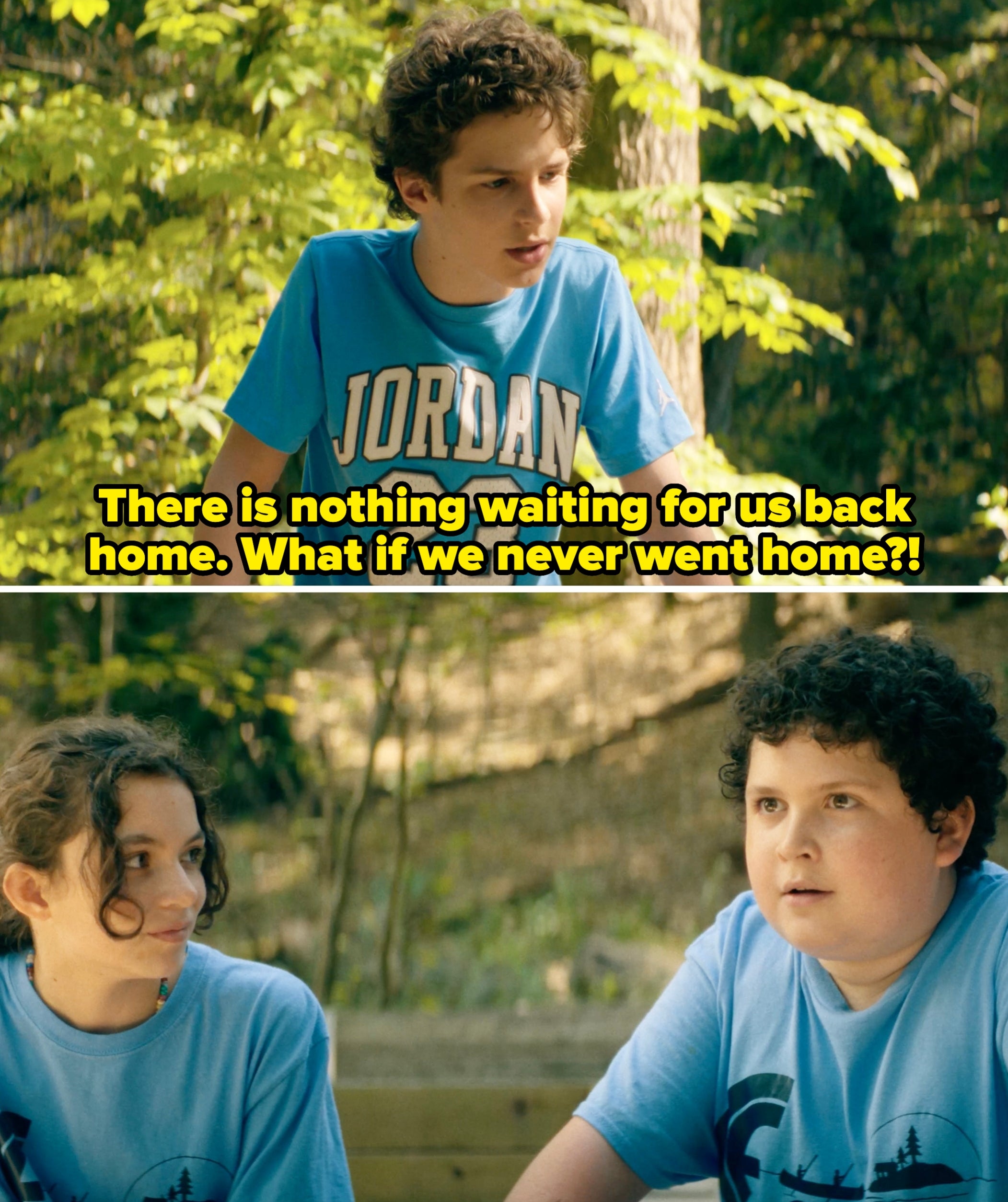 Two teenagers in casual clothes, outdoors. One wears a "Jordan 23" shirt. They seem to be engaged in a conversation