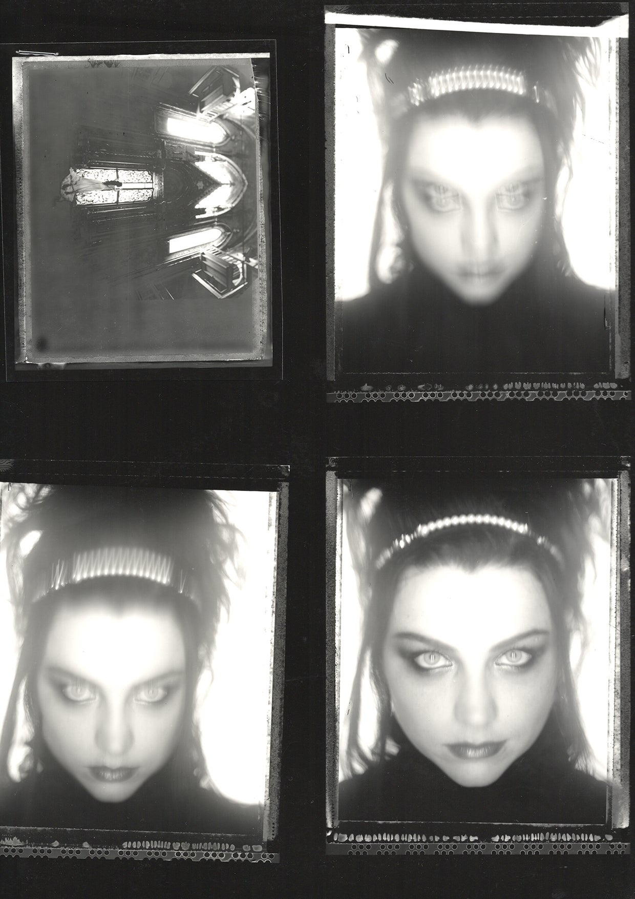 Woman with dark hair and headband, styled in a mysterious, ethereal manner. The series of grainy images evokes a vintage or artistic vibe