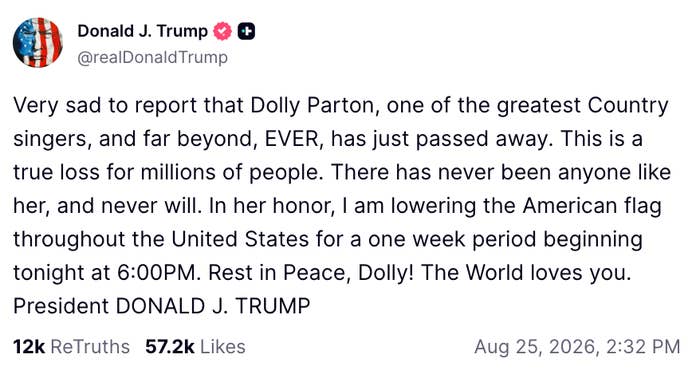 Fake social media post claims Dolly Parton has passed away, shared by a profile named Donald J. Trump on August 25, 2026