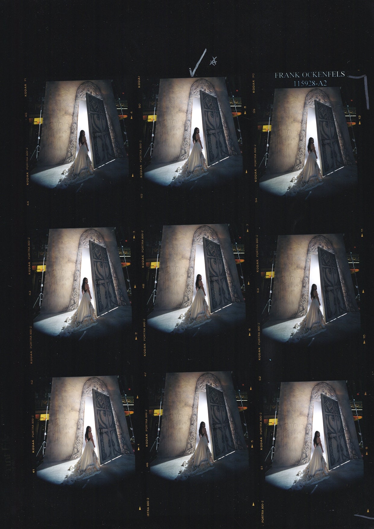 Person in a flowing dress poses dramatically in an arched doorway, captured in a series of nine artistic images