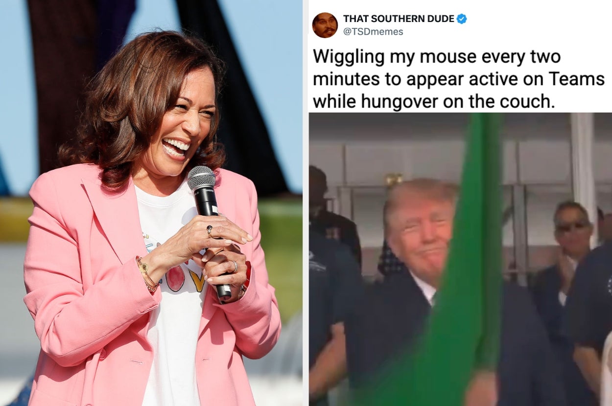 A person holding a microphone is smiling and laughing. A tweet jokes about pretending to be active on Teams while hungover, with an inserted image of a person waving