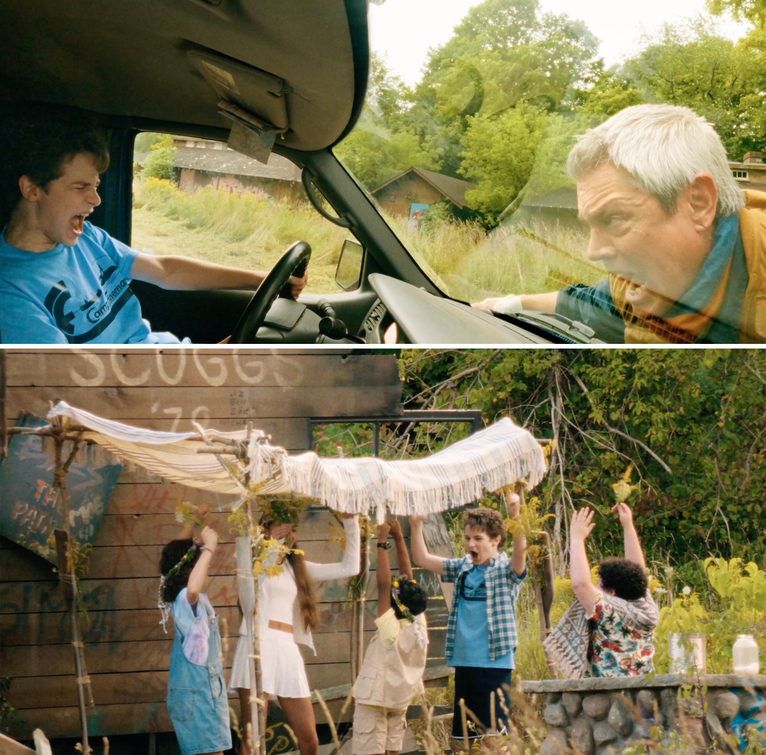 Top: A person brakes hard to avoid hitting another person outside. Bottom: Group of children play under makeshift canopy in nature