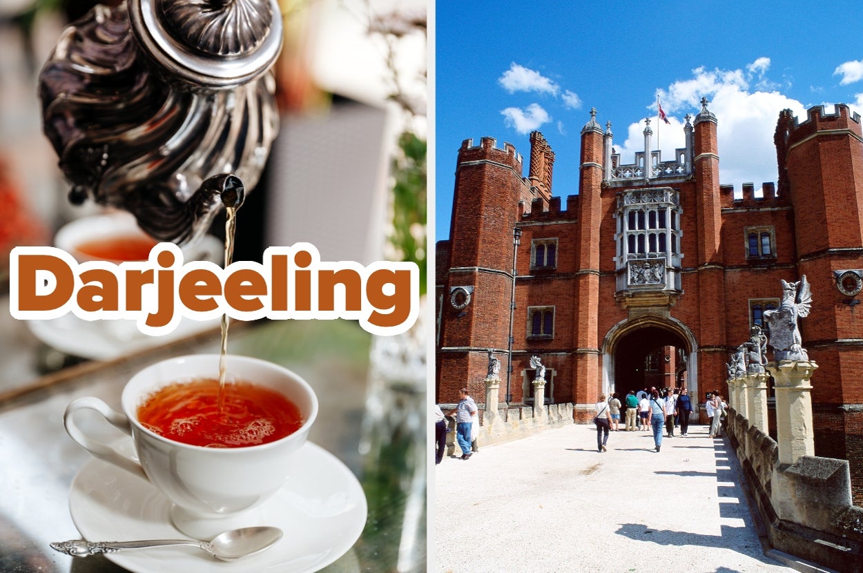 Teapot pouring tea into a cup labeled "Darjeeling" next to a photo of a castle entrance with visitors