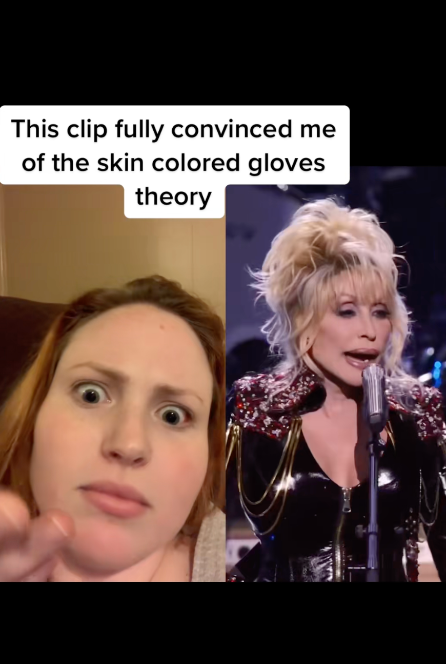 Split image: A person looks surprised on the left; a singer in a shiny, fitted outfit performs on stage on the right. Text above reads about "skin colored gloves theory."