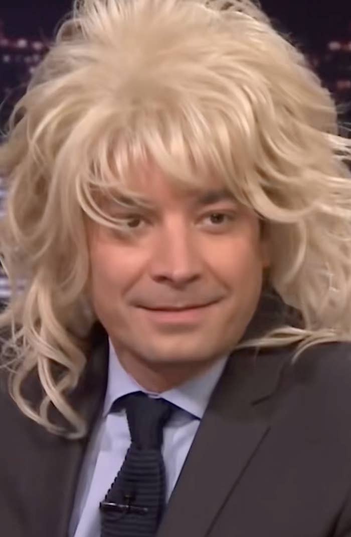 Person with a big, voluminous wig, wearing a suit and tie, smiling slightly in a TV studio setting