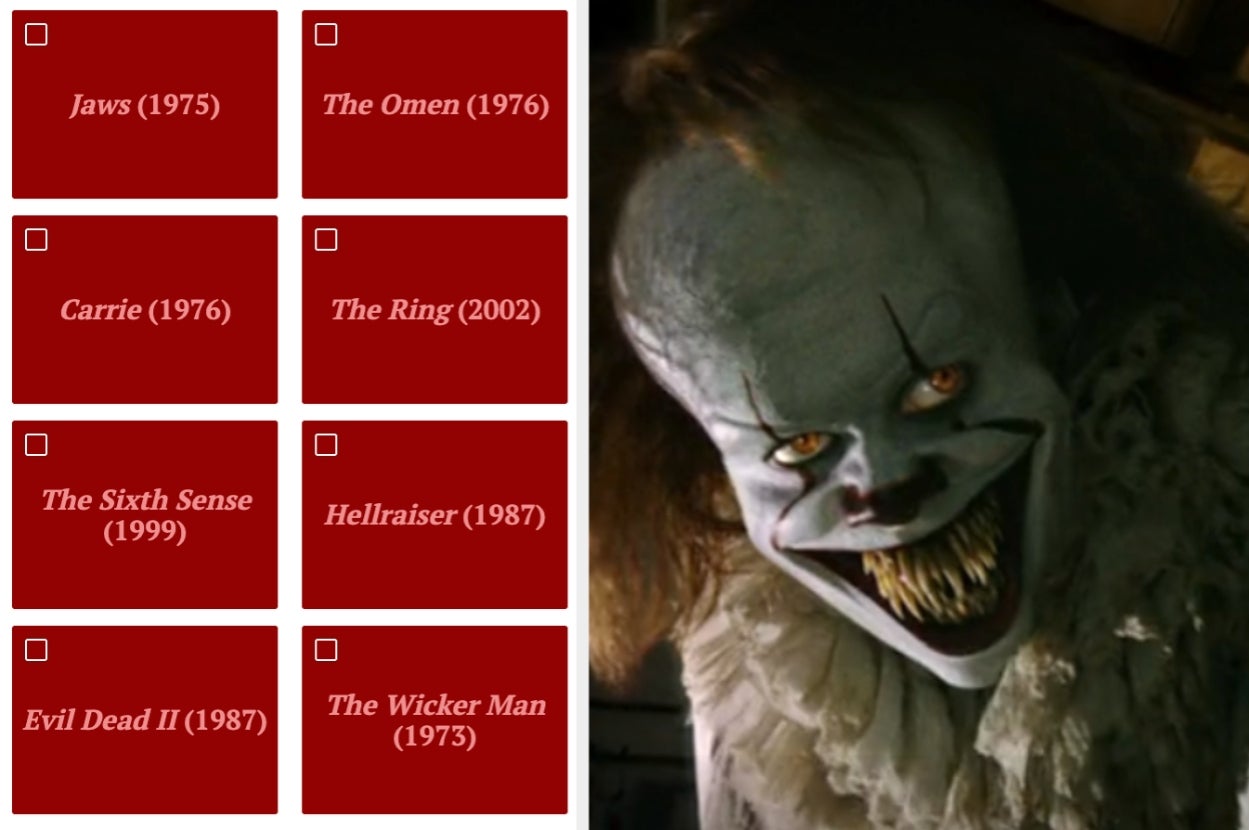 Movie list with horror titles like "Jaws" (1975) and Pennywise from "It" with sharp teeth