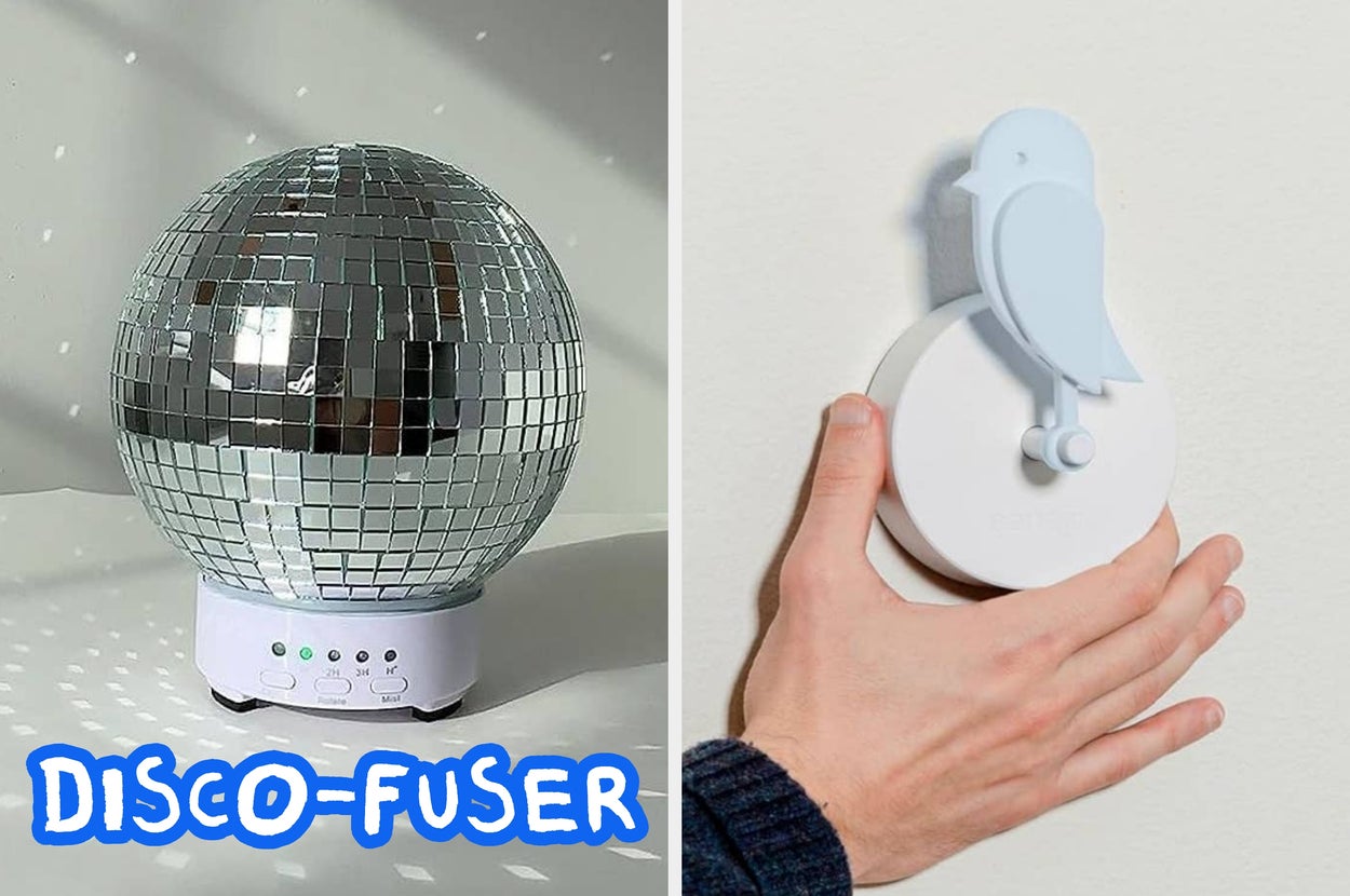 Disco-themed air freshener and a sleek bird-shaped wall diffuser showcased for home fragrance shopping article