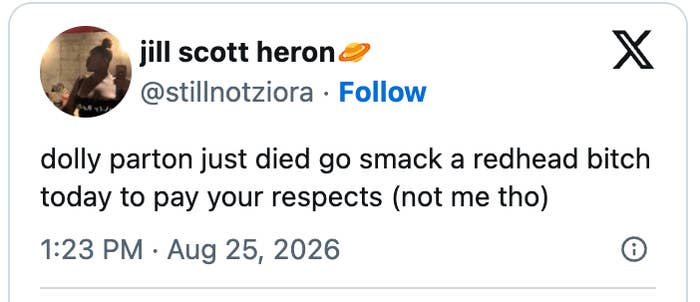Tweet mentioning Dolly Parton with a disrespectful suggestion. Date is August 25, 2026