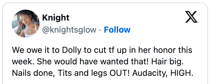 Tweet mentioning Dolly, emphasizing big hair, done nails, and bold style as a tribute, with emphasis on audacity