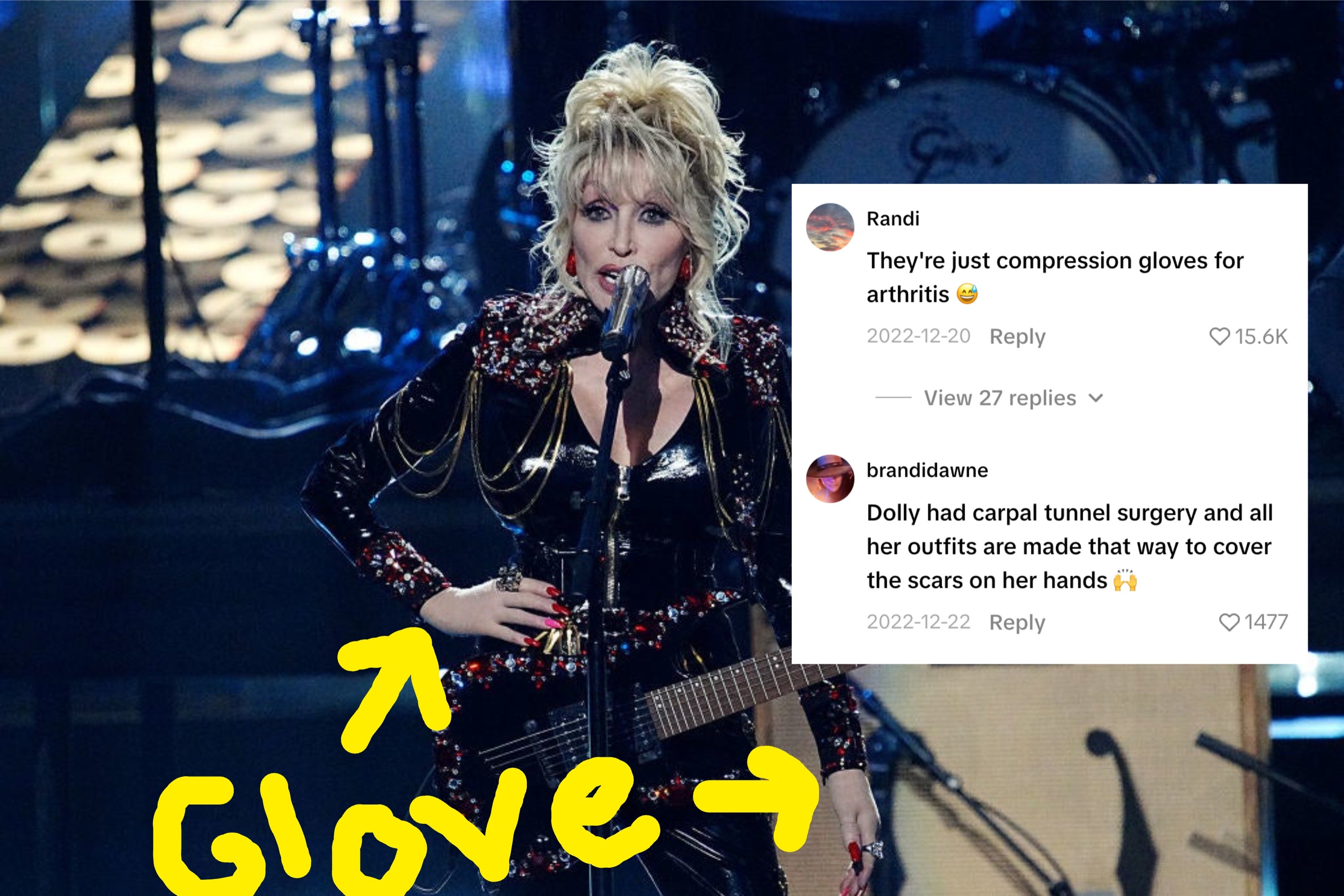 Performer on stage in a shiny outfit with a guitar, singing. A yellow arrow points to a glove, with text "Glove" next to it