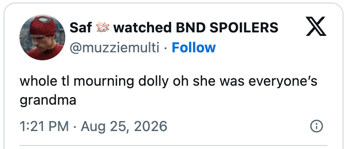 Tweet mourning "Dolly," described as "everyone's grandma," posted by user "@muzziemulti" on August 25, 2026