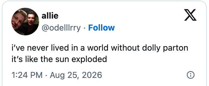 Tweet expressing admiration for Dolly Parton, comparing her presence to the essential nature of the sun