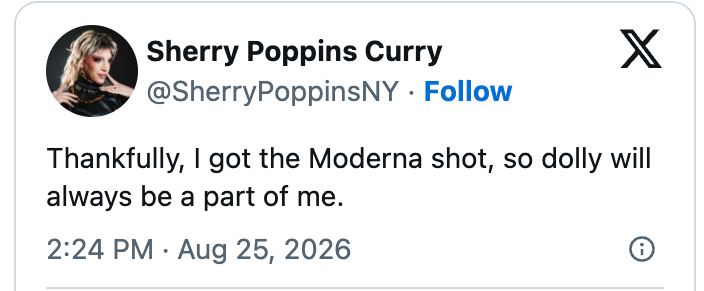 Tweet by Sherry Poppins Curry: "Thankfully, I got the Moderna shot, so dolly will always be a part of me."