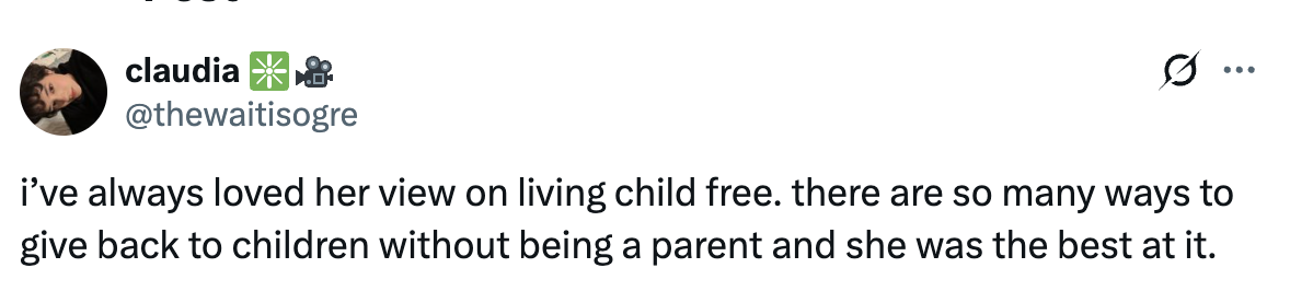 Tweet discussing admiration for someone's perspective on living child-free and their dedication to helping children