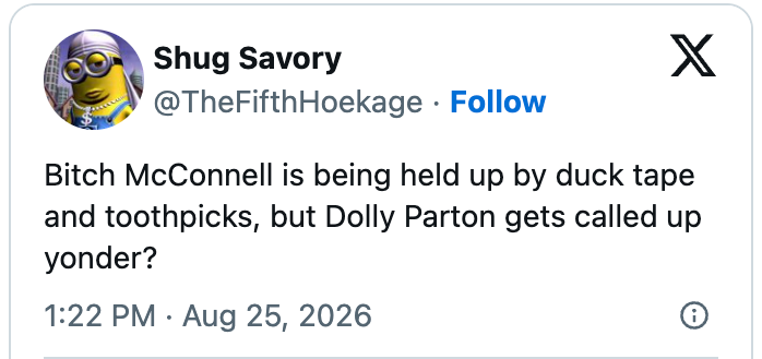 Tweet by Shug Savory jokes about Mitch McConnell and Dolly Parton using duct tape and toothpicks reference