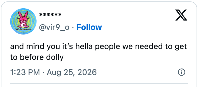 Tweet mentioning there are many people to address before someone named Dolly