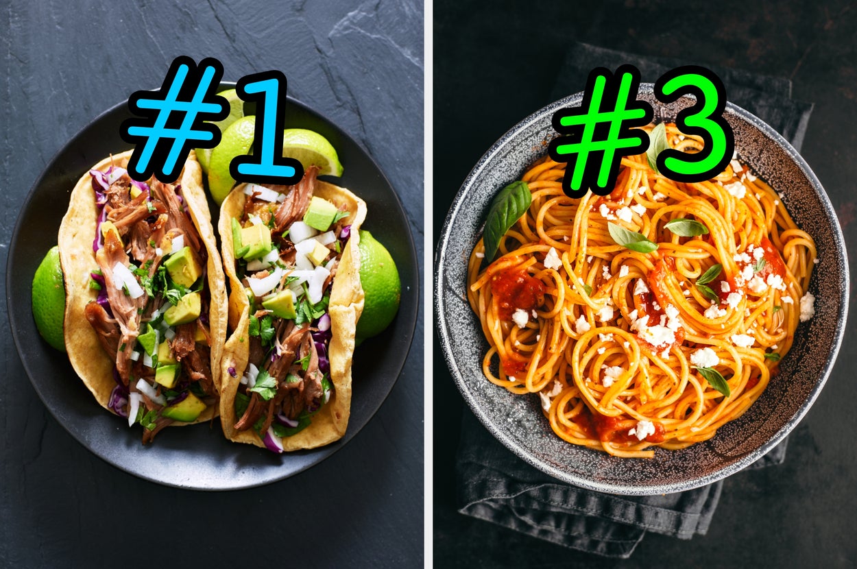 On the left, a plate of tacos labeled number 1, and on the right, pasta with tomato sauce labeled number 3
