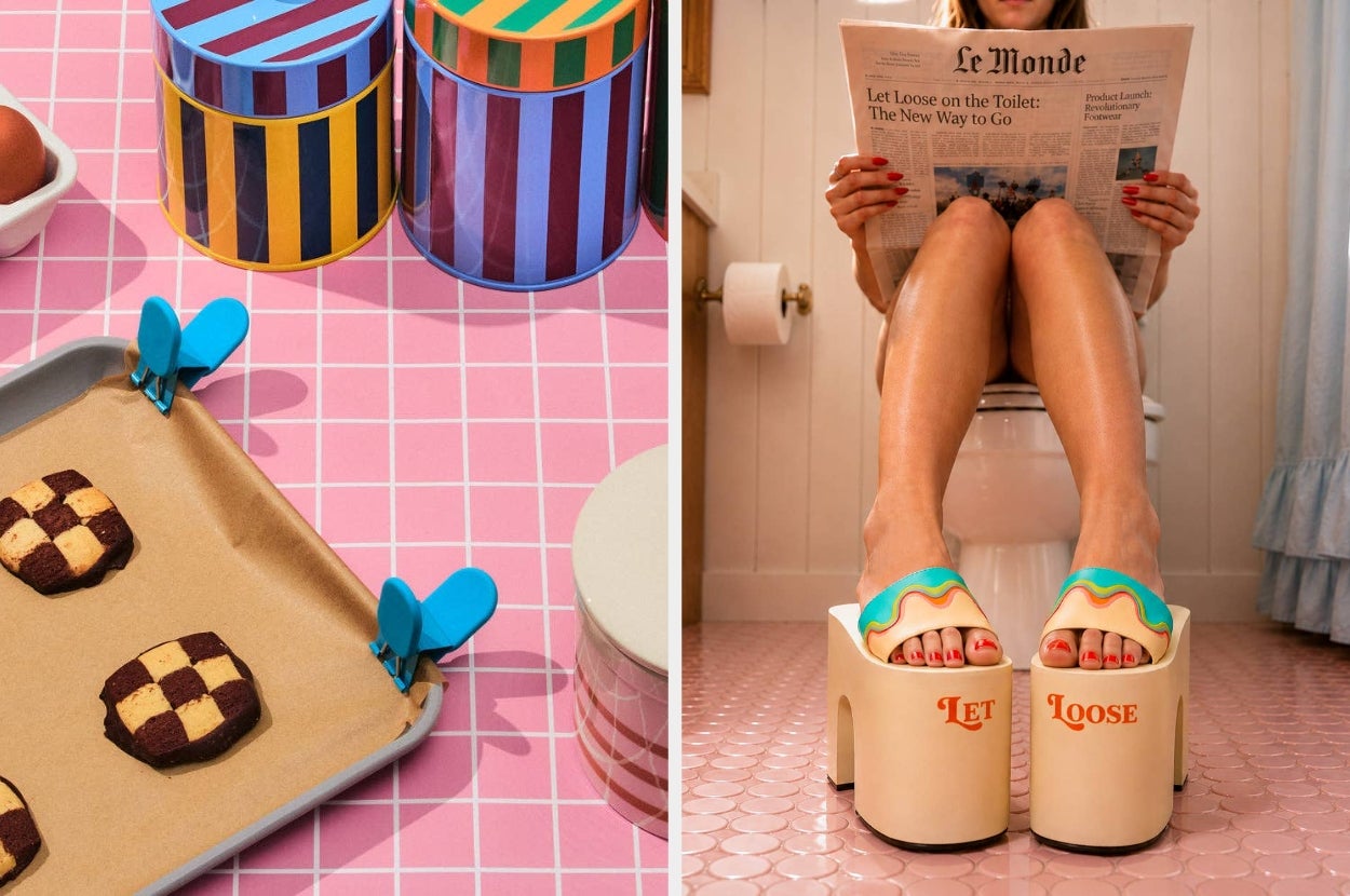 Left: Baking tray with checkerboard cookies. Right: Person in platform sandals reading a newspaper on a toilet. Playful, quirky shopping vibe