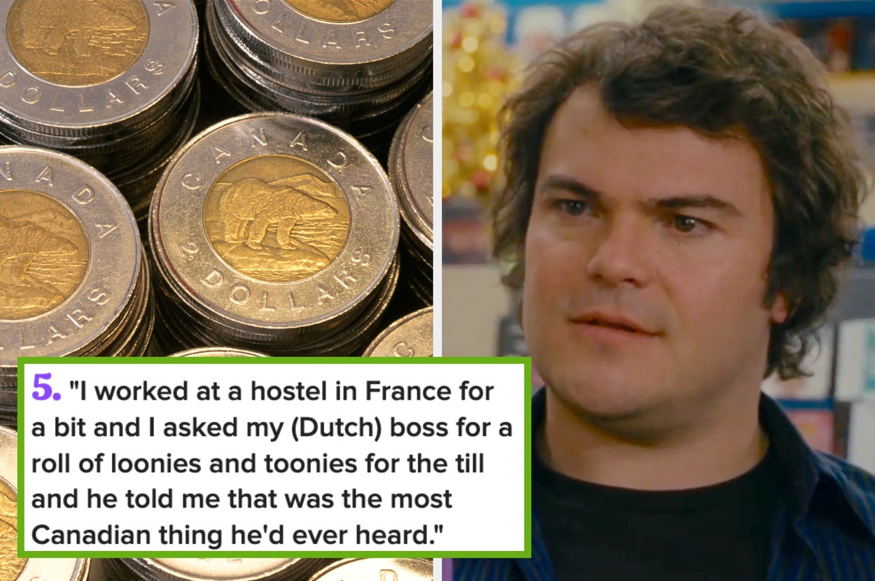 Coins stacked on the left, with a person on the right. Text: A hostel worker's Canadian request amused their Dutch boss