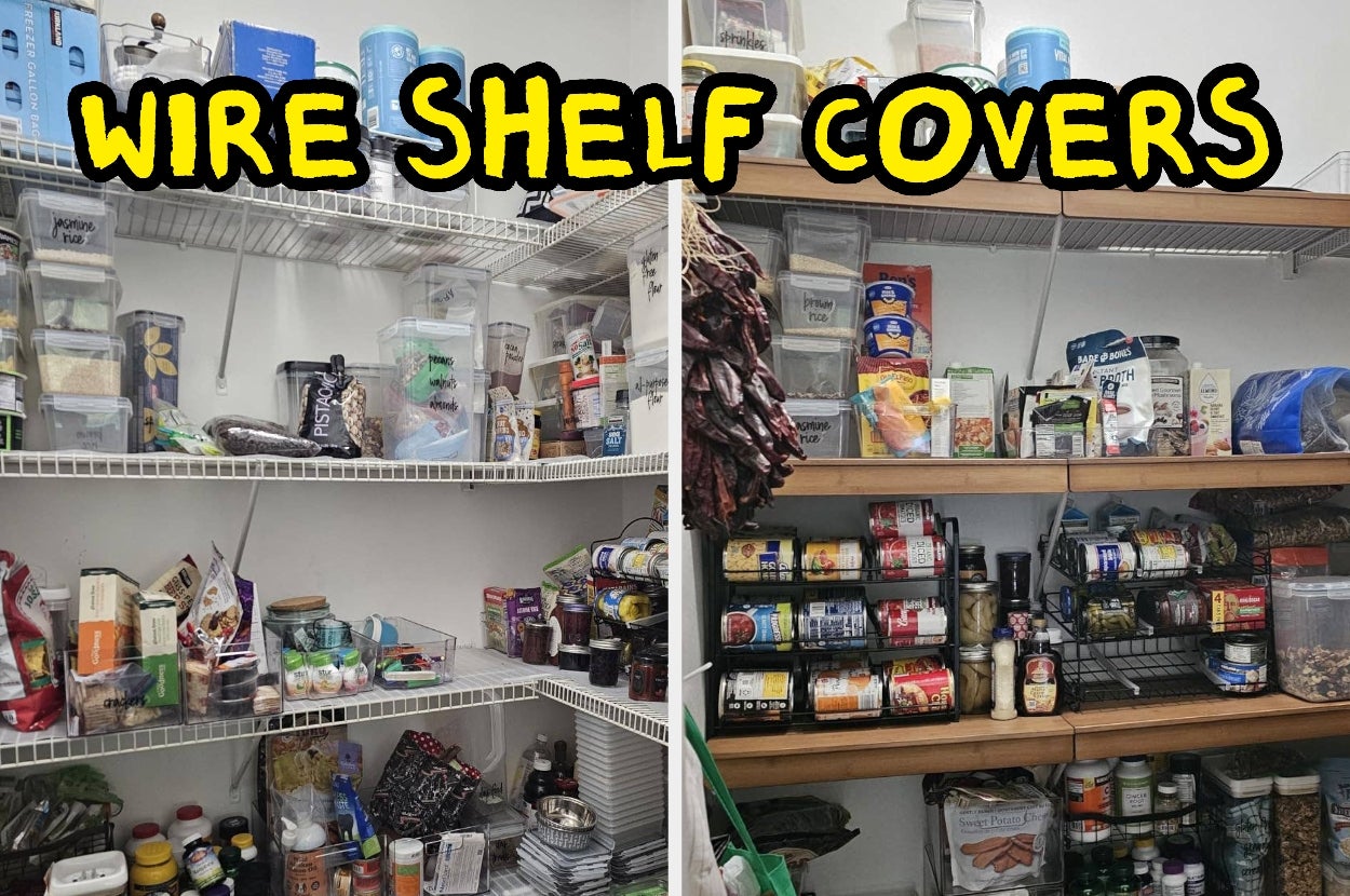 Pantry shelves shown with and without covers, demonstrating organizational impact of wire shelf covers on food storage