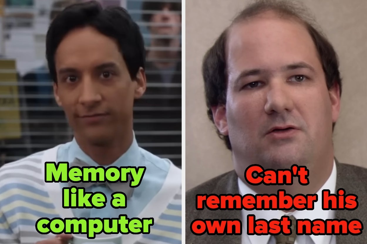 Two TV characters compared. Left: has "Memory like a computer." Right: "Can't remember his own last name."