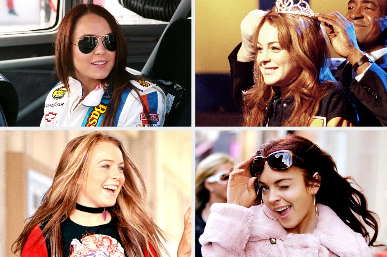 Four images of a Lindsay Lohan in various outfits: racing suit, getting crowned, casual with a choker necklace, and winking in a fluffy coat