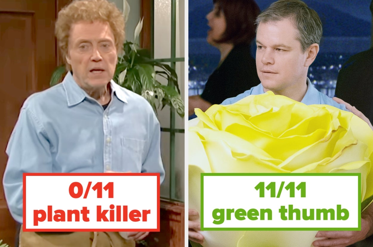 Split image of two men with gardening labels: "0/11 plant killer" and "11/11 green thumb", contrasting their gardening skills