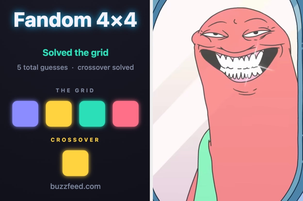 Fandom 4x4 puzzle solved in five guesses; cartoon character smiling on the right