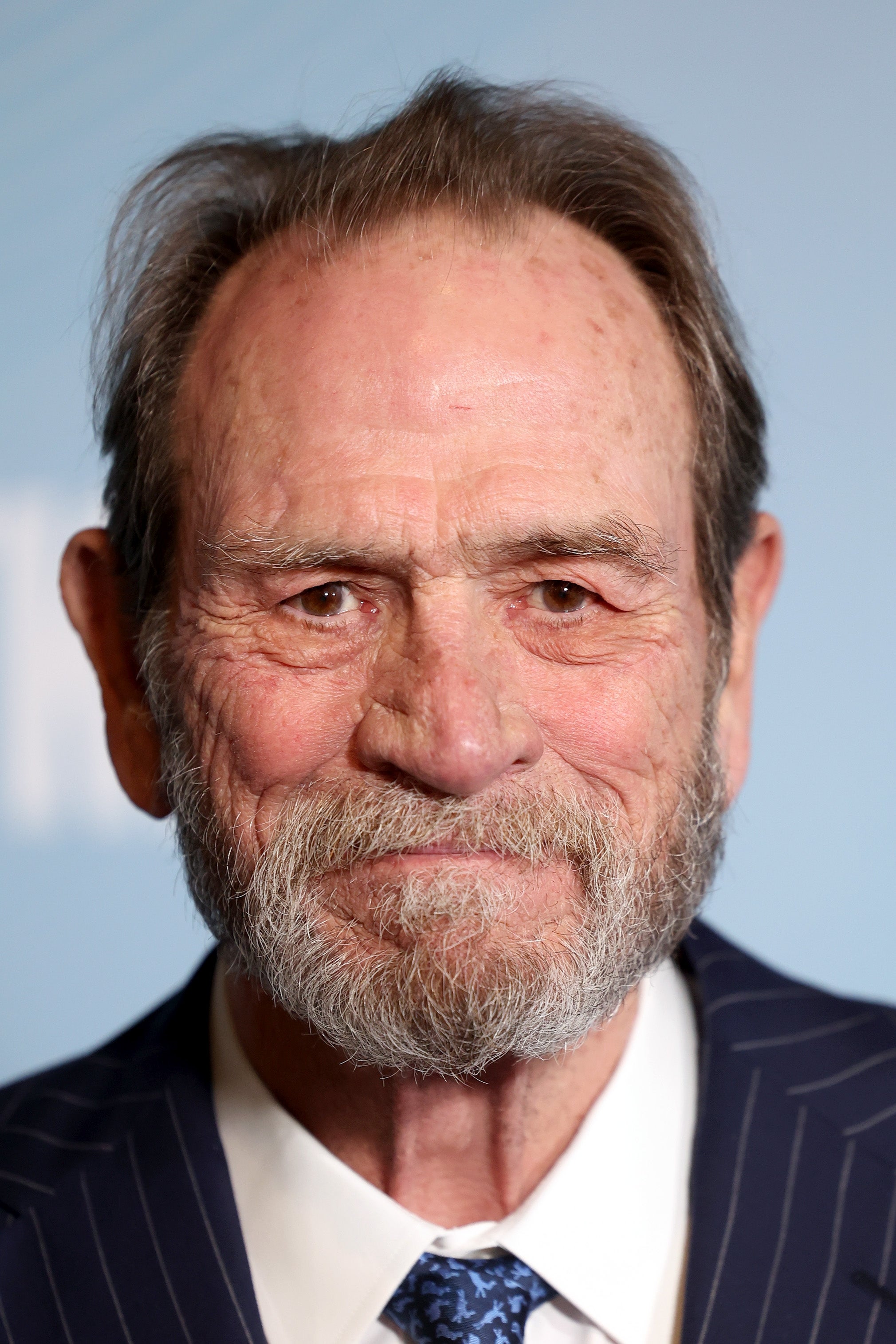 An older man with a beard and pinstripe suit smiles gently at the camera. His hair is swept back