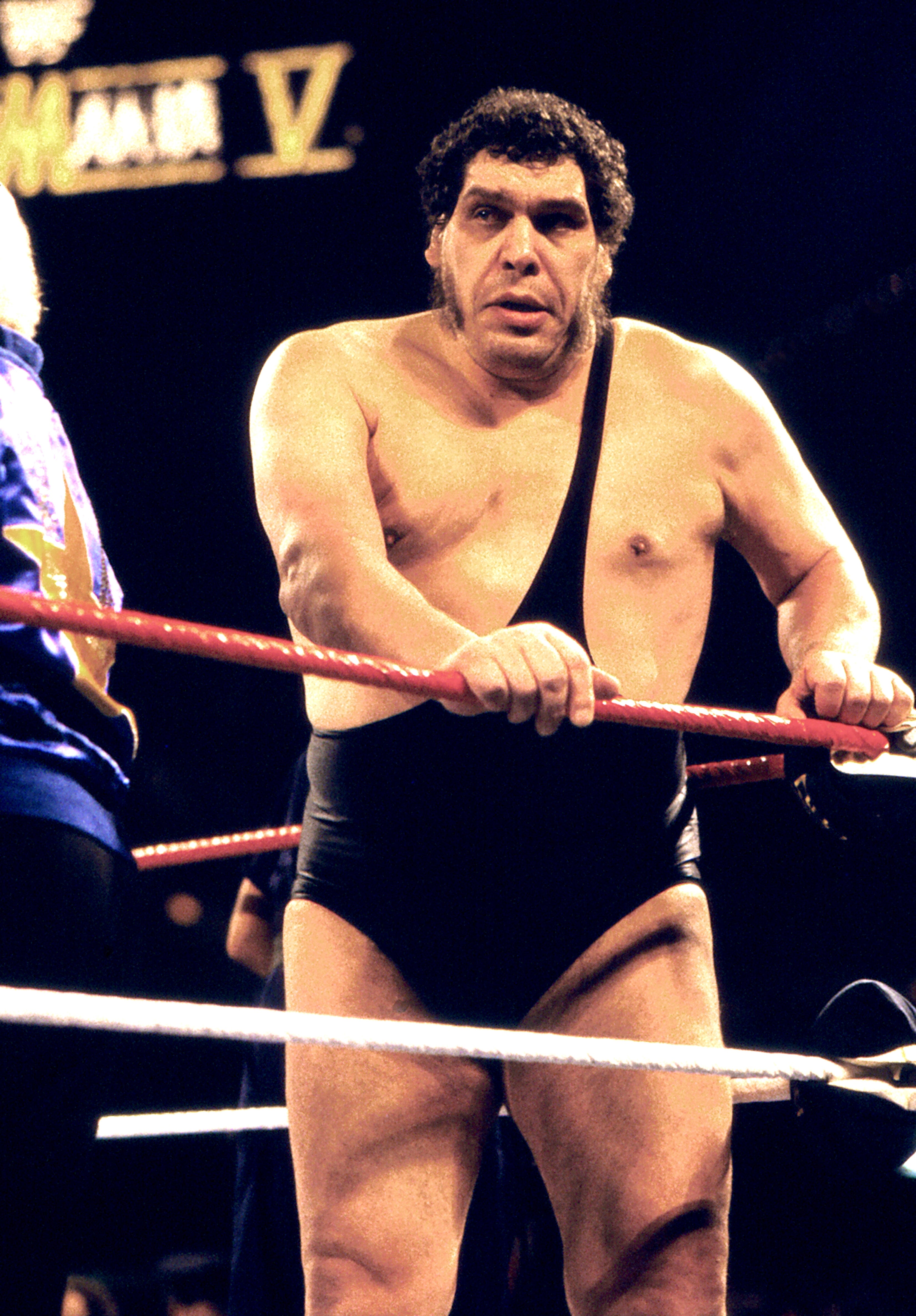 Wrestler in a black singlet stands in a ring during an event, gripping the ropes, with a focused expression