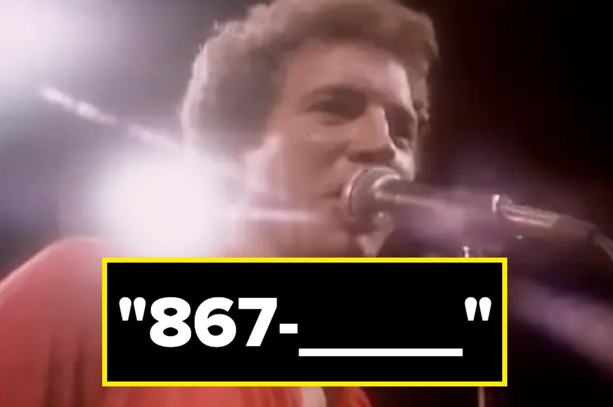 Musician singing into a microphone with bright stage lights; text below hints at song with "867-___"