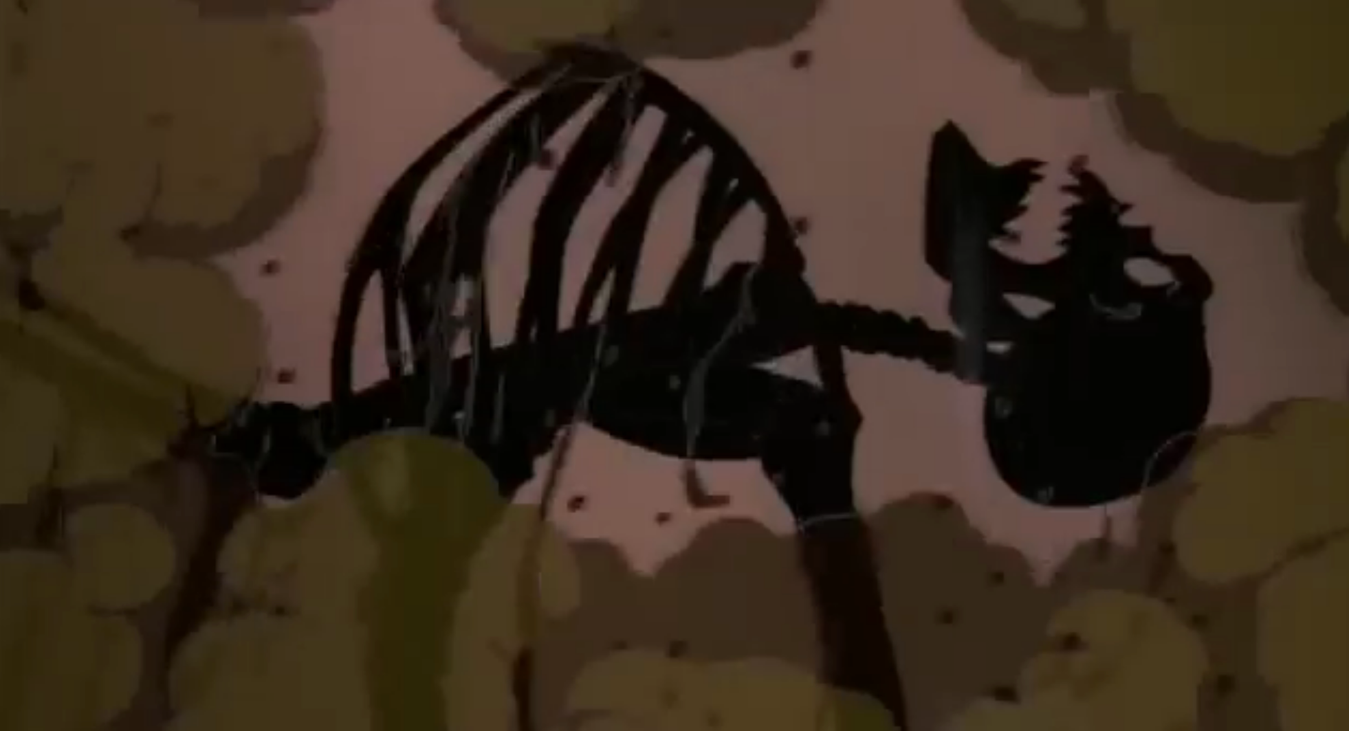 Animated scene featuring a dinosaur skeleton amidst swirling dust clouds, suggesting destruction or discovery