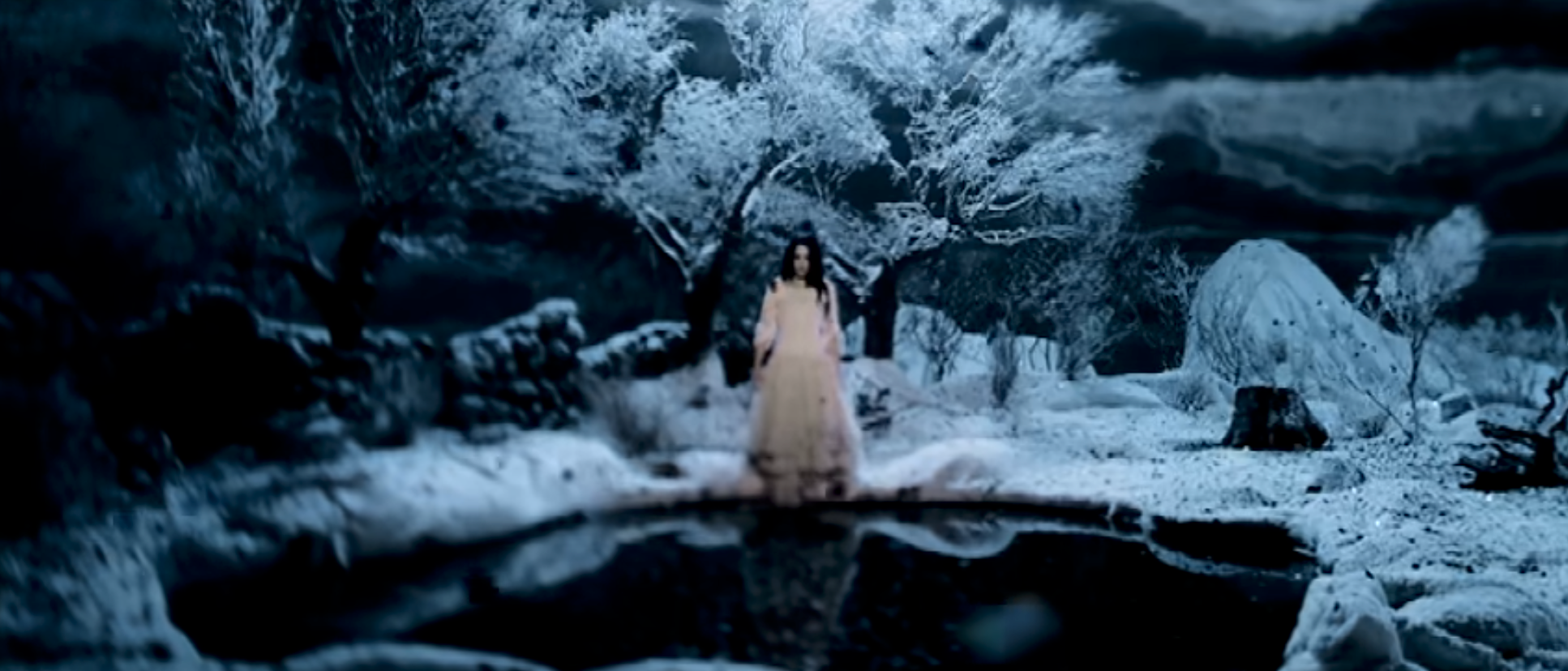 A person stands in a snowy landscape next to a frozen pond, wearing a flowing gown, in an artistic music video scene