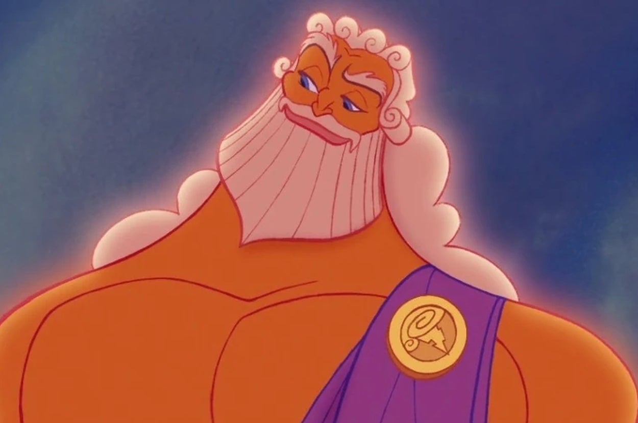 Animated Zeus in Disney's "Hercules" with a confident expression, wearing a sculpted toga with a medallion depicting a celestial symbol