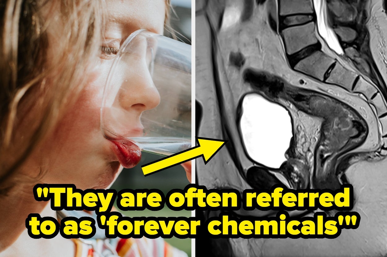 Child drinking water; arrow points to MRI with caption about "forever chemicals."