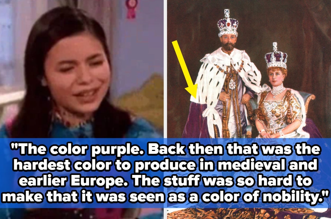 A person speaking on the left, with a historical royal couple in elaborate, regal attire on the right. Text explains purple’s rarity and nobility