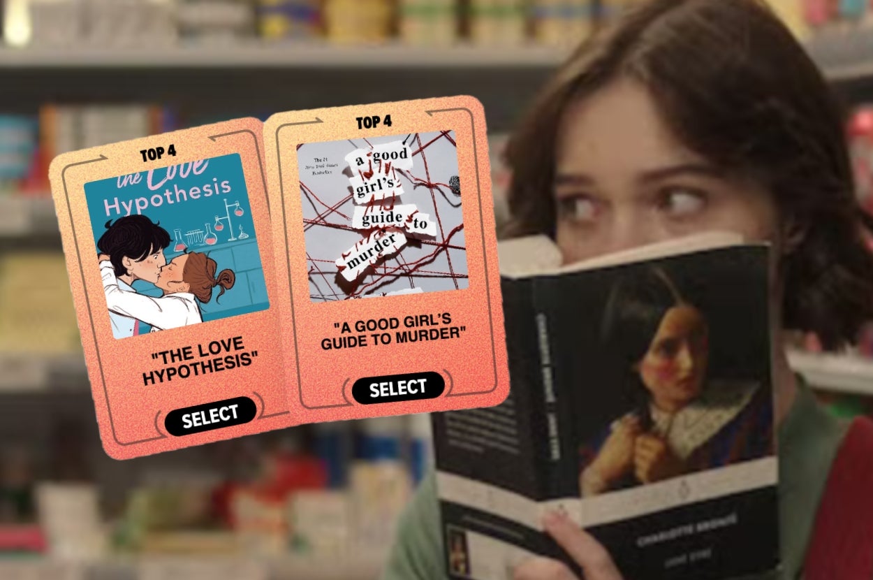 Emma Myers as Pip in "A Good Girl's Guide to Murder" in store partially obscured by a book she's holding; two book choice options: "The Love Hypothesis" and "A Good Girl's Guide to Murder."