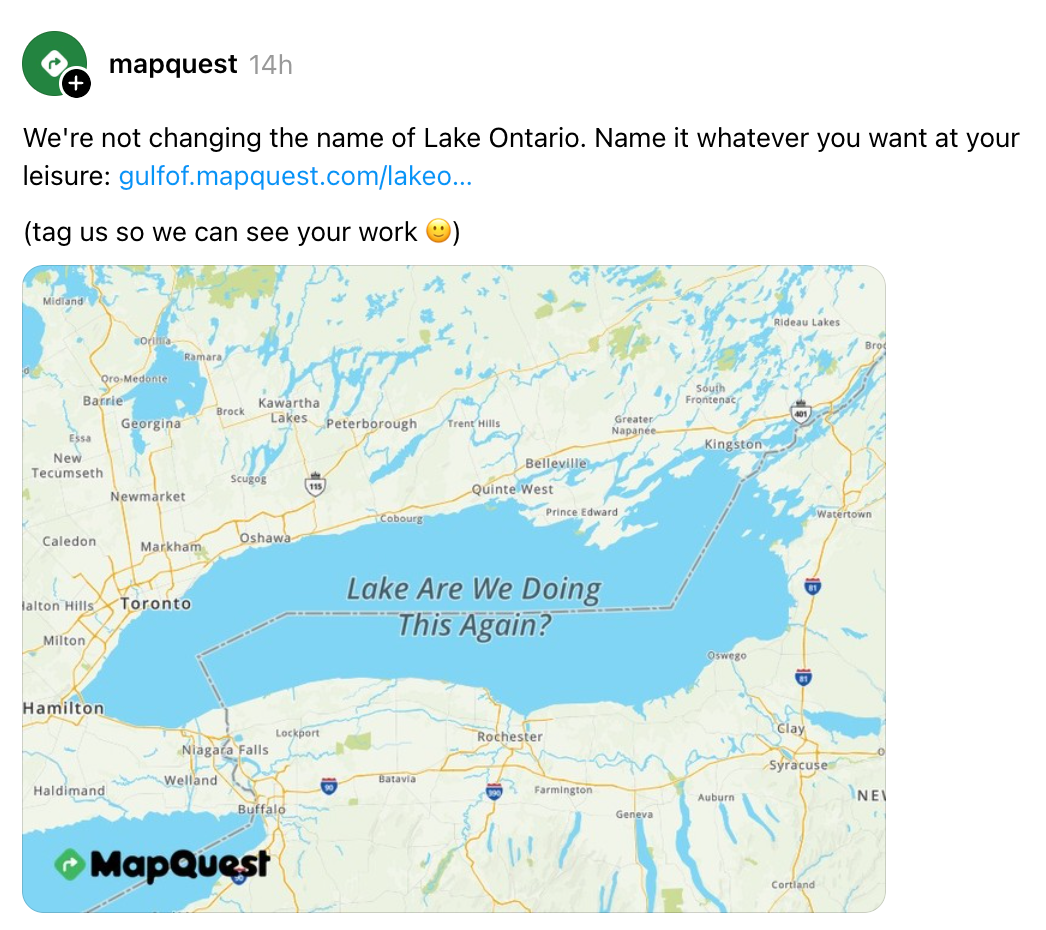 MapQuest vits tweet om å gi nytt navn til Lake Ontario, med et merket kart: "Lake Are We Doing This Again?"