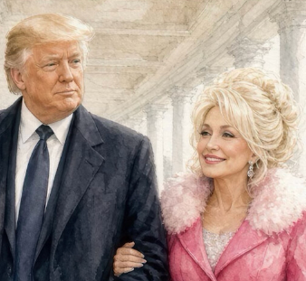 Illustration of a man in a suit walking arm-in-arm with a woman in a pink jacket under a columned walkway