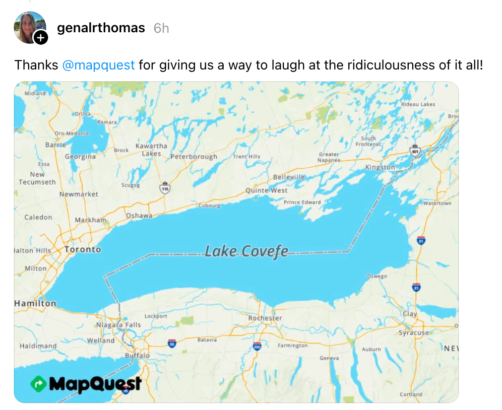 Kart som viser "Lake Covfefe" humoristisk satt inn mellom Toronto og New York. Inkluderer en leken bildetekst om å finne humor i den