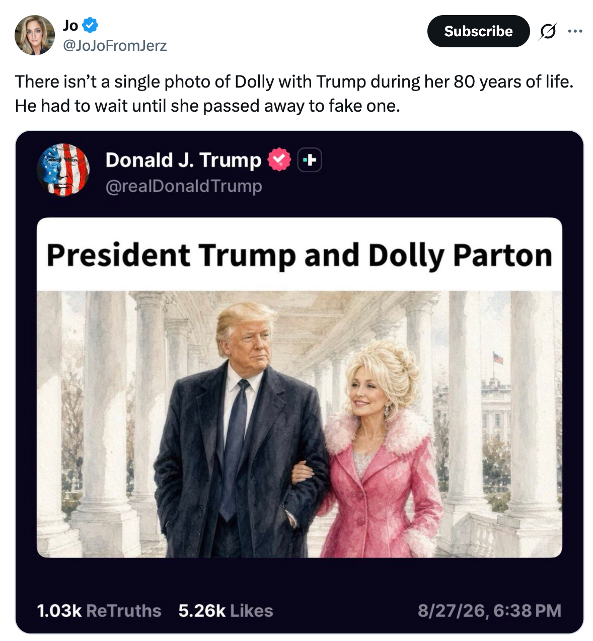 Bilde som viser et innlegg på sosiale medier med Donald Trump og et digitalt redigert bilde av Dolly Parton sammen, som viser til at det ikke finnes noe ekte bilde av dem