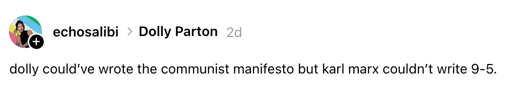 Kommentar som sammenligner Dolly Partons låtskriving med Karl Marx' skriveevner